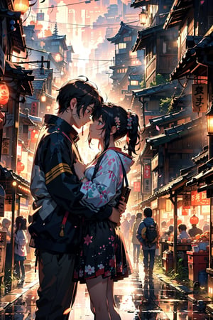 Masterpiece, best quality, ultra-detailed, As the afterglow of the sunset bathes the bustling market, a couple sits at its edge, Surrounded by lanterns and colorful streamers, the man gently pulls the woman into his embrace, planting a tender kiss on her lip,
(a couple), harajuku style, watercolor painting, highres, absurdres,