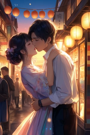 In 'Whispers of Sunset', a serene masterpiece, a Harajuku-inspired scene unfolds: A loving couple, nestled at the edge of a vibrant market, as the afterglow of sunset casts a warm glow. The man's gentle pull draws the woman into his tender embrace, their lips meeting in a sweet kiss. Lanterns and colorful streamers dance around them, amidst a tapestry of watercolor hues. Ultra-detailed and absurdly resplendent, this high-resolution artwork captures the essence of whimsical romance.
