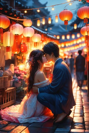 Masterpiece, best quality, ultra-detailed, As the afterglow of the sunset bathes the bustling market, a couple sits at its edge, Surrounded by lanterns and colorful streamers, the man gently pulls the woman into his embrace, planting a tender kiss on her lip, (a couple), harajuku style, watercolor painting, highres, absurdres,