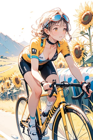 (masterpiece:1.2), best quality, ultra-detailed, 8K,  ((road bike cycling)), Tour de France, Bicycle racer, racing bicycle, road bike in Tiffany_blue with the name Bianchi printed on it, bend_handlebar, female road racer, yellow bicycle_helmet, sunglasses, Yellow Jersey, in the style Of intense athletic competitions, abs girl, emo, sweat, wet, scorching sun, action shot, side view, scenery, Sunflower fields, mountainous region,