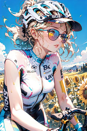 (masterpiece:1.2), best quality, ultra-detailed, 8K,  ((road bike cycling)), Tour de France, Bicycle racer, racing bicycle, bianchi_tiffanyblue_bike, female road racer, bicycle helmet, sunglasses, Yellow Jersey, in the style Of intense athletic competitions, abs girl, emo, action shot,cowboy shot, scenery, Sunflower fields, mountainous region,