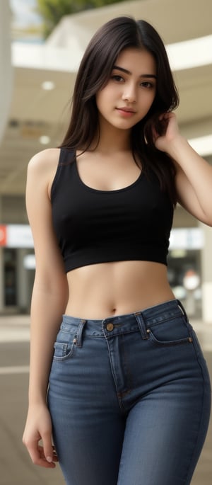 beautiful cute young attractive girl indian, teenage girl, village girl,18 year old,cute, 34-26-36 stats, instagram model,long black hair, wearing tight jeans and tank top, roaming in a mall, her confidence evident in her posture, her chest subtly accentuated, 3D rendering, focusing on lifelike textures and lighting effects, --ar 16:9 --v 5