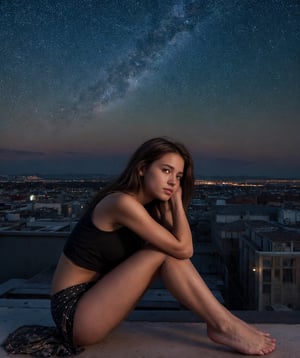 As the city lights flickered to life, she sat alone on the rooftop, her silhouette outlined against the twilight sky. Lost in thought, she traced the constellations with her eyes, each star a reminder of infinite possibilities. In that moment, she was both the observer and the universe itself, a solitary figure in a vast expanse of cosmic beauty.




