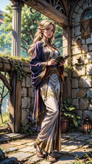 (4k), (masterpiece), (best quality),(extremely intricate), (realistic), (sharp focus), (award winning), (cinematic lighting), (extremely detailed), 

An elven priestess dressed in a modest long blue robe with gold embroidery. She has long flowing blonde hair and piercing blue eyes. She is holding a staff in one hand and a book in the other. She is standing in a forest clearing, surrounded by ancient trees and wildflowers. She is looking at the viewer.

,EpicSky,wrench_elven_arch