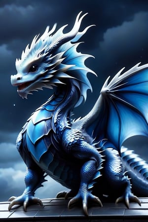 blue baby dragon,standing on a building,dark sky,echmrdrgn,skpleonardostyle