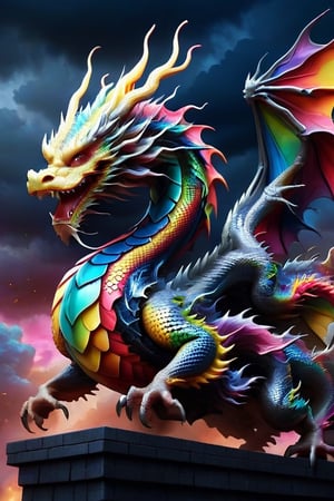 colourful dragon,angry,standing on a building,dark sky,echmrdrgn,skpleonardostyle