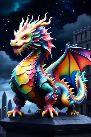 colourful cute dragon,standing on a building,dark sky,echmrdrgn,skpleonardostyle