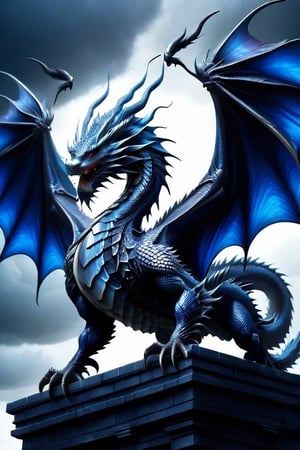 blue dragon,standing on a building,dark sky,angry,echmrdrgn,skpleonardostyle