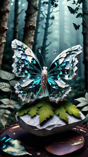 butterfly made of crystel,standing on a rock ,in a forest