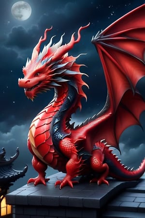 red cute dragon,standing on a building,dark sky,echmrdrgn,skpleonardostyle