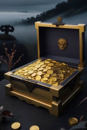 gold coins, in an open box,dark sky,skulls around the box, fog ,small black plants