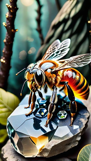 honey bee made of crystel,standing on a rock ,in a forest