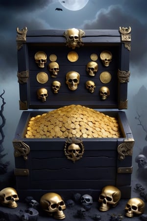 gold coins, in an open big box,dark sky,skulls , fog ,small black plants,echmrdrgn,skpleonardostyle