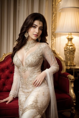 Here's a high-quality, coherent, and stable diffusion prompt based on your input:

A stunning Pakistani woman, 18 years old, with long black hair, reclines confidently in a lavish hotel lobby, wearing a beautiful white shalwar kameez. Her natural skin texture, with visible pores, fine lines, and slight imperfections, is highlighted by soft, ambient lighting. She's posed with one hand on her hip, a subtle smile, and her chest accentuated by intricate jewelry and elegant earrings. The setting features a plush sofa against a luxurious indoor background. Capture this intimate moment in high-resolution close-up photography using a DSLR camera, such as a Nikon, to emphasize lifelike textures and lighting effects.