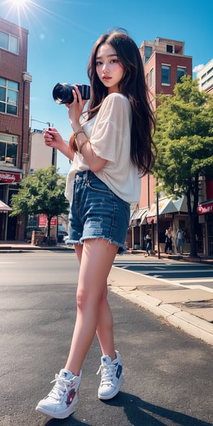A fashionable young girl taking photos in the sunny weather, wearing trendy clothes, with a background of Memphis-style photography elements, featuring bright colors and artistic vibes. High-definition photo of a trendy girl in vibrant Memphis-style setting under the sun, full of lively colors and youthful energy,light,Nice legs and hot body