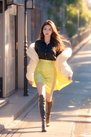 Generate hyper realistic image of a woman with long, brown hair wearing a shirt with long sleeves and knee boots, gracefully spinning outdoors. She pairs her ensemble with black high heels, exuding elegance and charm. Another scene depicts her in a black shirt and knee boots, strolling down a road in a yellow skirt, with green eyes shining and a hint of blush on her cheeks.,pastelbg