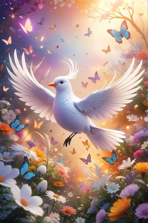 A 2.5D stylized illustration of a snowy white bird with intricate feather details flying amidst a vibrant garden filled with fantastical blooming flowers of various shapes and colors, surrounded by swarms of iridescent butterflies, giving an ethereal and dream-like atmosphere, with a soft warm lighting and slightly blurred background.
