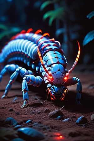 large red armored traditional cybernetic centipede with glowing orange eyes, traditional centipede inspired, a different dimension dessert which is blue in color, chasing a teenaged boy about 16 years old in white pajamas, HD Resolution, Hyper Detail, with dramatic lighting, 