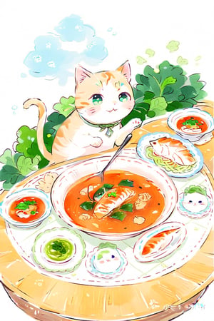 Delicious food, table, fish, green vegetables, soup, cat, wants to steal food,booth