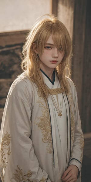 A young boy with golden blonde hair, a teardrop mole under his left eye, wearing a evening suit, looking at the viewer with a gentle expression, intricate patterns and embroidery details on the hanfu, against a blurred background with warm lighting.