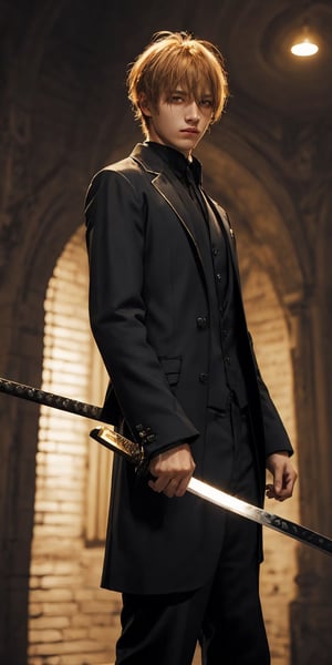 A young man with golden short hair, a teardrop mole under his left eye, wearing a black evening suit, looking at the viewer with a gentle expression, against a blurred background with warm lighting.,Handsome Belgian Men,cool,holding sword