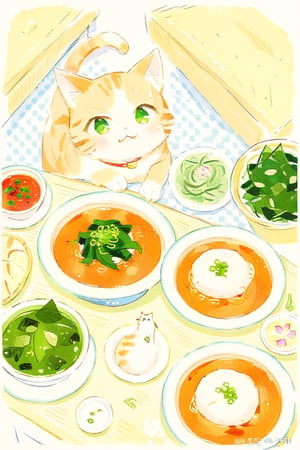 Delicious food, table, fish, green vegetables, soup, cat, wants to steal food,booth