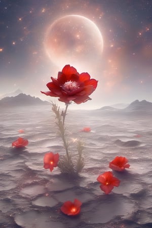 A lone red flower, its petals still dewy with morning mist, bursts forth from the dark, cracked earth. The flower's vibrant color stands out in stark contrast to the barren landscape around it, a symbol of hope and resilience in the face of adversity. In the distance, a majestic pegasus soars through the starry night sky, its wings illuminated by the ethereal glow of the moon. The stars twinkle like diamonds against the velvety expanse of space, adding an air of magic and mystery to the scene.
,glitter