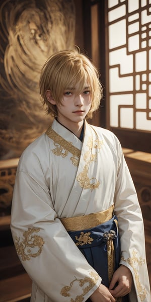 A young boy with golden blonde hair, a teardrop mole under his left eye, wearing a traditional Chinese hanfu robe, looking at the viewer with a gentle expression, intricate patterns and embroidery details on the hanfu, against a blurred background with warm lighting.