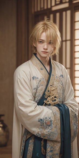 A young boy with golden blonde hair, a teardrop mole under his left eye, wearing a traditional Chinese hanfu robe, looking at the viewer with a gentle expression, intricate patterns and embroidery details on the hanfu, against a blurred background with warm lighting.