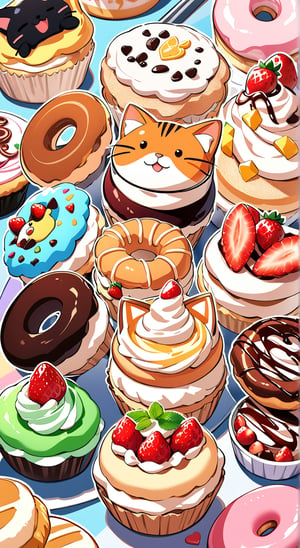 five cute playful cats, parfaits, donuts, cupcakes, strawberries, tiramisu, Masterpiece, top quality,(gacha),outline, intricate details, gradients, multicolored theme,sticker,ColorART