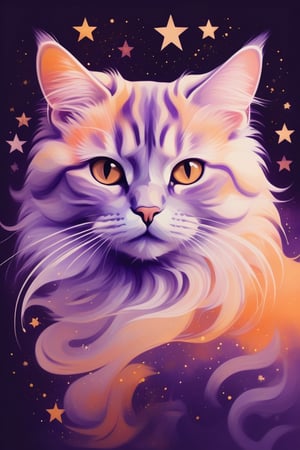 an abstract painting of a cute cat with gold stars, in the style of color gradients, dark violet and light orange, dreamy portraits, colorful curves, ethereal creatures