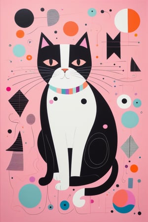 a Portrait of a cute black and white cat, in a pink background with a few colorful shapes and small faces of cats. The central figure is an abstract representation surrounded by the various other floating elements like yarns, cats, or fish. in the style of lithography. Inspired by the dadaism movement.