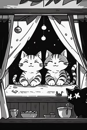 two cats sleeping by the window inside a cozy cottage, masterpiece, best quality, ANIME, CARTOON, CHARACTER,BlackworkStyleManityro, monochrome, greyscale,cat