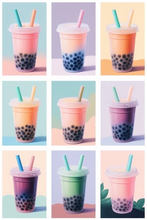 A Collage of oil painting illustrations of bubble tea, classic art inspiration, nature elements, pastel tones, in the style of arr & emotions, gradient colors