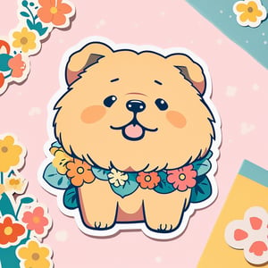 flat design, retro colors, sticker, a cute chow chow painting a flower