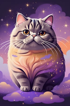 an abstract painting of a cute Pusheen cat with gold dust and sparkles, glittery clouds, in the style of color gradients, dark violet and light orange, dreamy portraits, colorful curves, magical creatures