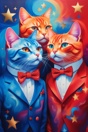 an abstract painting of cats wearing bow ties, with gold stars, in the style of color gradients, vibrant reds and electric blues, dreamy portraits, colorful curves, resembling magical fantasy creatures