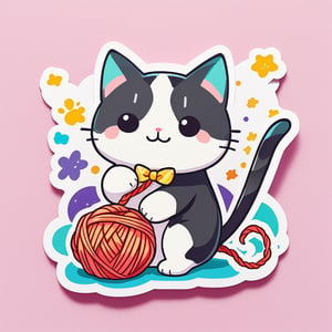 hand drawn, shiny colors, sticker, a cute tuxedo cat playing with yarn
