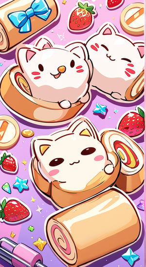 A swiss roll cat, swiss roll, pastry, strawberries, Masterpiece, top quality,(gacha),outline, intricate details, gradients, multicolored theme,sticker,sugar_rune,sketch,glitter,ColorART