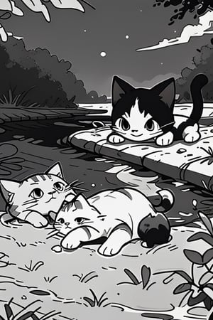 two cats lying on their backs on the river bank, masterpiece, best quality, ANIME, CARTOON, CHARACTER,BlackworkStyleManityro, monochrome, greyscale,cat