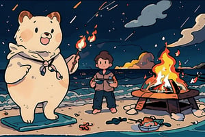 best quality, a boy and his bear friend roasting marshmallows over a campfire on the beach, sea, waves, sand, marshmallows, campfire, night sky
