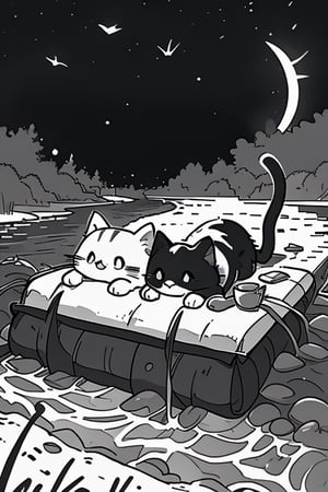 two cats lying on their backs on the river bank, masterpiece, best quality, ANIME, CARTOON, CHARACTER,BlackworkStyleManityro, monochrome, greyscale,cat