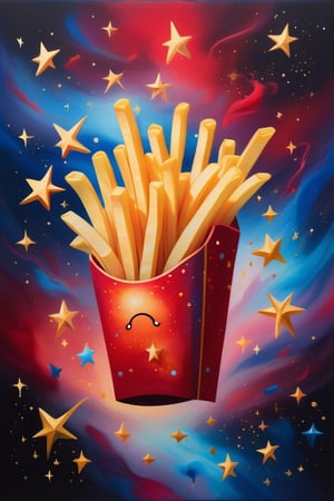 an abstract painting of french fries floating through the galaxy, with gold stars, in the style of color gradients, vibrant reds and electric blues, dreamy portraits, colorful curves, resembling magical fantasy creatures