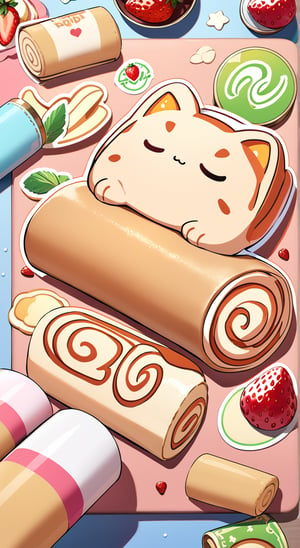 A swiss roll cat, swiss roll, pastry, strawberries, Masterpiece, top quality,(gacha),outline, intricate details, gradients, multicolored theme,sticker,ColorART