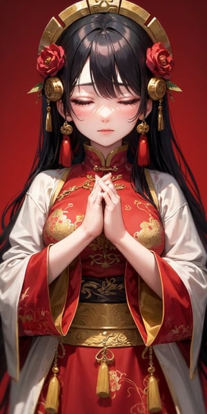 A Chinese ancient beauty is praying, with hands clasped together, eyes closed in silence, wearing a solemn yet beautiful expression, Red Background, 12 years old, cute face