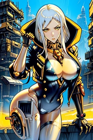 (masterpiece), (beautiful), (highly detailed), cyberpunk,Cyberpunk_Anime, white haired girl in a cyberpunk world, long white hair, black jacket, hoodie, robotic hands, golden eyes, beautiful face, hourglass body, naughty face, cyberpunk style buildings in the background