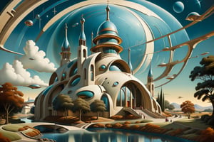 by Michael Parkes and Diego Rivera, (retro futurism , digital art but extremely beautiful:1.4)Masterpiece, best quality, hi res, 8k, close up photo of realistic and futuristic image of a church in a country setting with a stream running through it,, inspired by Thomas Kinkade
