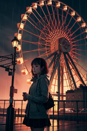 A young woman and her loneliness with a rainy atmosphere and a red Ferris wheel in the background.,disney pixar style