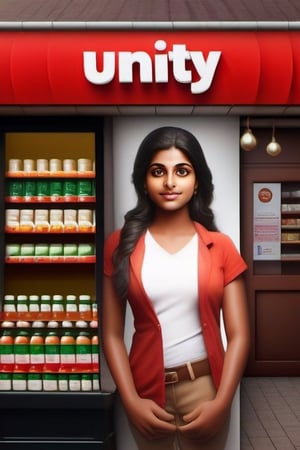photorealistic Indian girl advertising about Unity pharmacy store,photorealistic,tmts advertising about free home delivery of medicine 