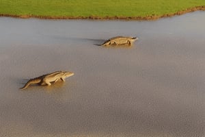 A crocodile walking along the river bed 
